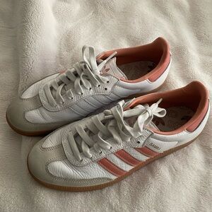 Adida white with pink stripe sambas.